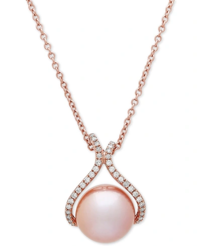 Honora Pink Cultured Freshwater Pearl (13 Mm) & Diamond (1/4 Ct. T.w.) 18" Pendant Necklace In 14k Rose Gol In Rose Gold