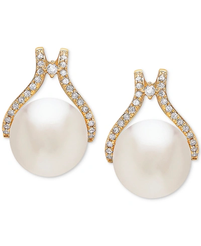 Honora Cultured White Ming Pearl (12mm) & Diamond (1/3 Ct. T.w.) Stud Earrings In 14k Gold In Yellow Gold