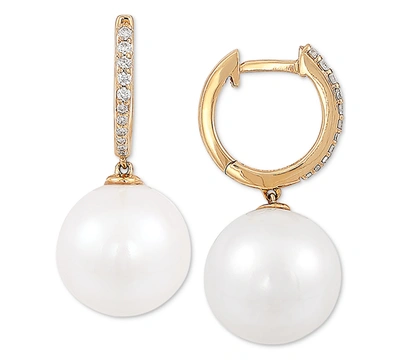 Honora Cultured White Ming Pearl (12mm) & Diamond (1/8 Ct. T.w.) Drop Earrings In 14k Gold In Yellow Gold