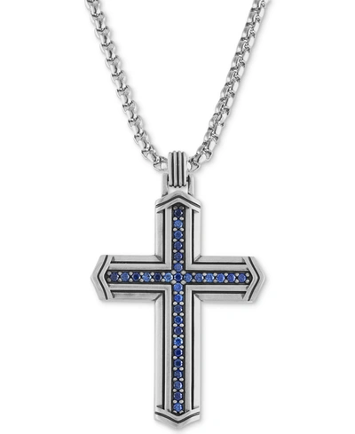 Esquire Men's Jewelry Sapphire Cross 22" Pendant Necklace (5/8 Ct. T.w.) In Sterling Silver, Created For Macy's