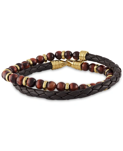 Esquire Men's Jewelry Men's Goldplated Sterling Silver, Leather & Tiger Eye Wrap Bracelet