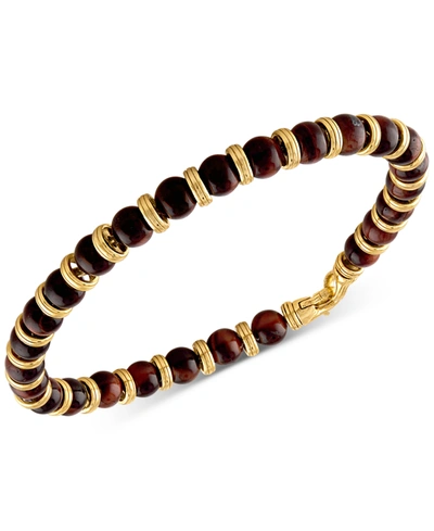 Esquire Men's Jewelry Red Tiger Eye Bead Bracelet In 14k Gold-plated Sterling Silver, Created For Macy's In Gold Over Silver