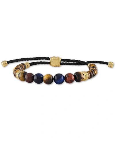 Esquire Men's Jewelry Multicolor Tiger's Eye Bead Bolo Bracelet In 14k Gold-plated Sterling Silver, Created For Macy's