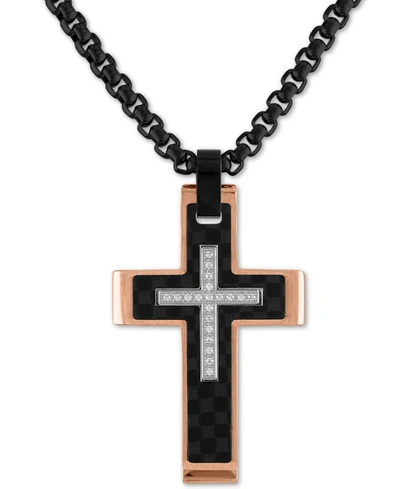 Esquire Men's Jewelry Diamond Cross 22" Pendant Necklace (1/10 Ct. T.w.) In Stainless Steel, Black Carbon Fiber, Created F In Rose