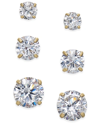 Macy's Cubic Zirconia 3-pc. Set Graduated Stud Earrings In 14k Gold Or 14k White Gold In Yellow Gold