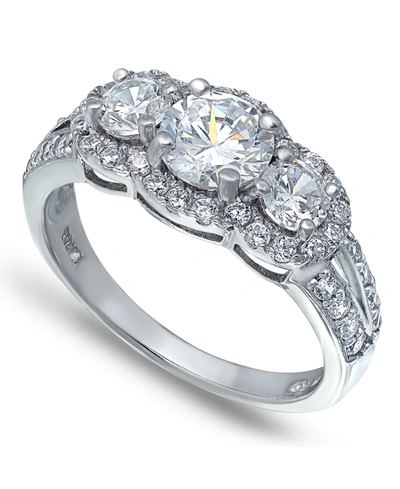 Macy's Cubic Zirconia Round 3 Stone Halo Ring In Silver Plate