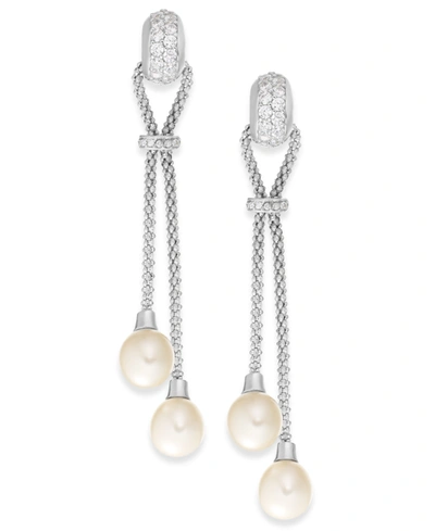 Macy's Cultured Freshwater Pearl (7-1/2mm) And Cubic Zirconia Chain Drop Earrings In Sterling Silver