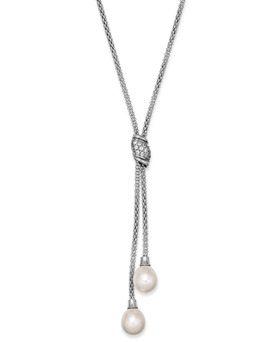 Macy's Cultured Freshwater Pearl (7-1/2 Mm) And Cubic Zirconia (1/4 Ct. Tw.) Lariat Necklace In Sterling Si In No Color