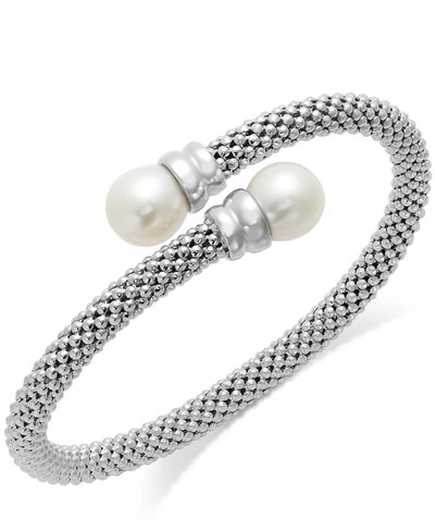 Macy's Cultured Freshwater Pearl Bypass Bangle Bracelet In Sterling Silver (10mm)