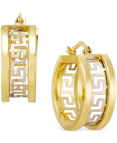 Italian Gold Two-tone Greek Key Hoop Earrings In 14k Gold