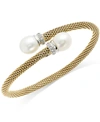 MACY'S CULTURED FRESHWATER PEARL AND CUBIC ZIRCONIA MESH CUFF BRACELET IN 14K GOLD OVER STERLING SILVER (10