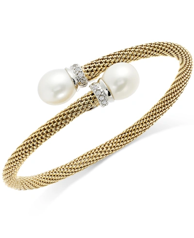 Macy's Cultured Freshwater Pearl And Cubic Zirconia Mesh Cuff Bracelet In 14k Gold Over Sterling Silver (10 In No Color