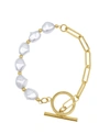 Adornia 14k Yellow Gold Plated Chain Toggle 10mm Pearl Bracelet In Yellow Gold-tone/white