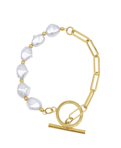 Adornia 14k Yellow Gold Plated Chain Toggle 10mm Pearl Bracelet In Silver