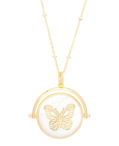 Macy's Mother Of Pearl Cubic Zirconia Butterfly Pendant 18" Necklace In Gold Plate