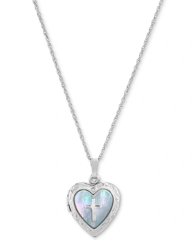 Macy's Mother-of-pearl Cross Heart Locket 18" Pendant Necklace In Sterling Silver