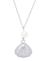 Macy's Genuine Freshwater Pearl Cubic Zirconia Seashell Pendant 18" Necklace In Silver Plate In Silver