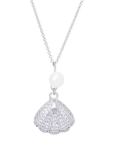 Macy's Genuine Freshwater Pearl Cubic Zirconia Seashell Pendant 18" Necklace In Silver Plate