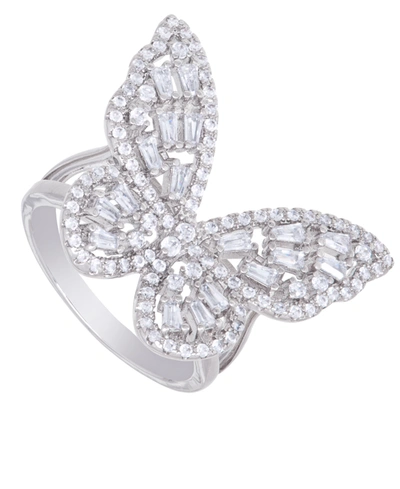 Macy's Cubic Zirconia Baguette And Round Stone Butterfly Ring In Silver Plate