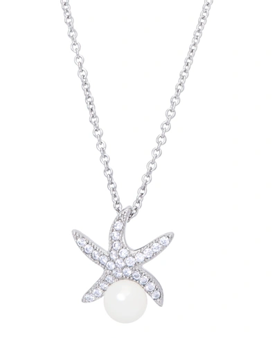 Macy's Genuine Freshwater Pearl Cubic Zirconia Starfish Pendant 18" Necklace In Silver Plate