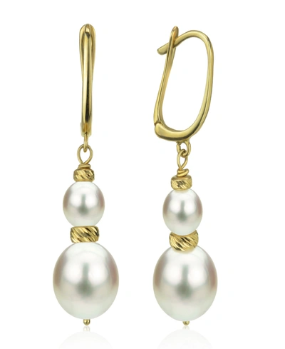 Macy's White Cultured Pearl (16 Mm) Dangle Earrings In 14k Yellow Gold In K Yg