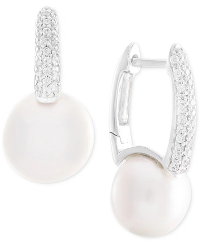 Macy's Cultured Freshwater Pearl (8mm) And Diamond (1/6 Ct. T.w.) Drop Earrings In 14k White Gold