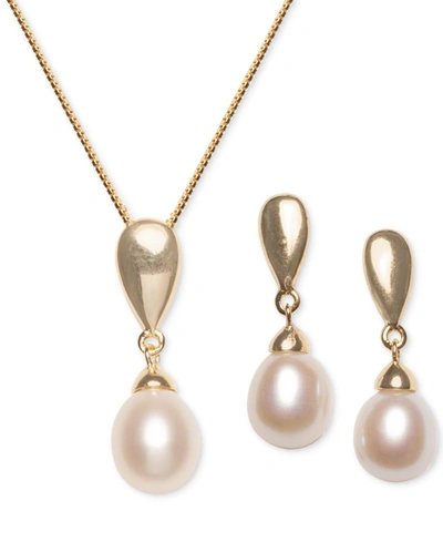 Macy's 2-pc. Set Cultured Freshwater Pearl (7 X 9mm) Pendant Necklace & Matching Drop Earrings In 18k Gold- In Silver