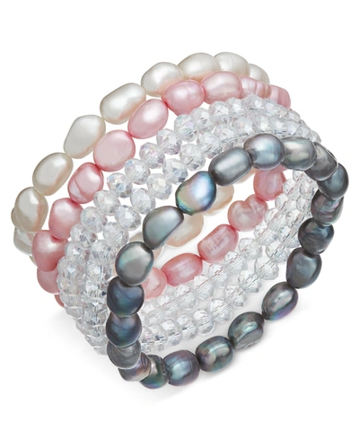 Macy's 5-pc. Set White, Pink & Gray Cultured Freshwater Baroque Pearl (7mm) And Rondel Crystal Stretch Brac In Silver
