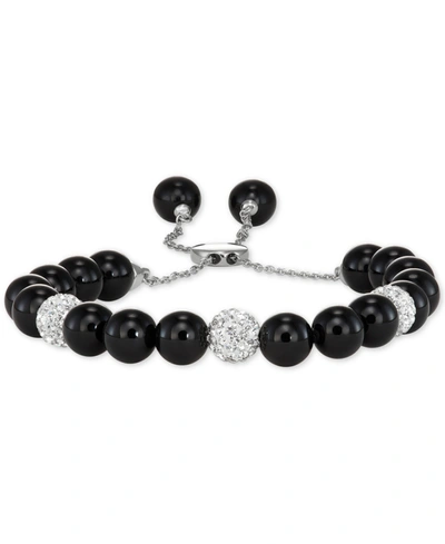Macy's Onyx (8mm) And Crystal Adjustable Bolo Bracelet In Silver