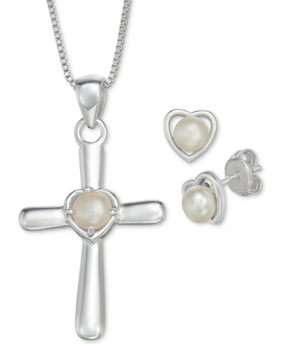 Macy's Cultured Freshwater Pearl Cross 18" Pendant Necklace And Heart Stud Earrings Set In Sterling Silver