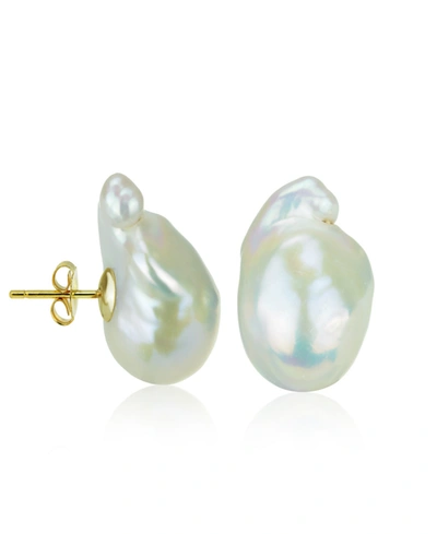 Macy's White Cultured Freshwater Pearl (15-17mm) Stud Earrings In 14k Yellow Gold
