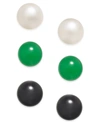 MACY'S 3 PC. SET CULTURED FRESHWATER PEARL (8MM), ONYX (8MM) AND GREEN QUARTZ (8MM) STUD EARRINGS IN STERLI