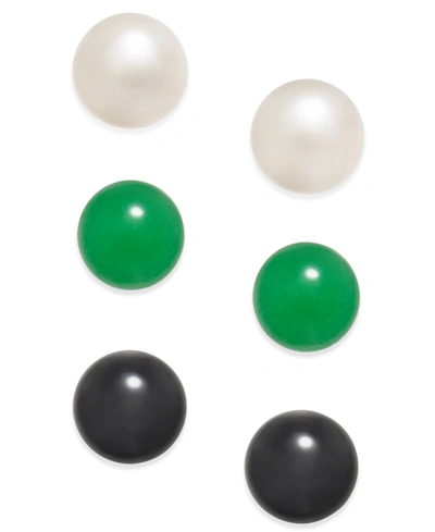 Macy's 3 Pc. Set Cultured Freshwater Pearl (8mm), Onyx (8mm) And Green Quartz (8mm) Stud Earrings In Sterli In Silver