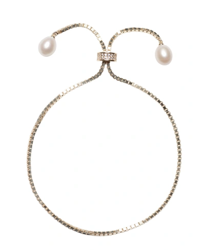 Macy's Cultured Freshwater Pearl (7 X 9mm) & Cubic Zirconia Box Link Bolo Bracelet In Sterling Silver