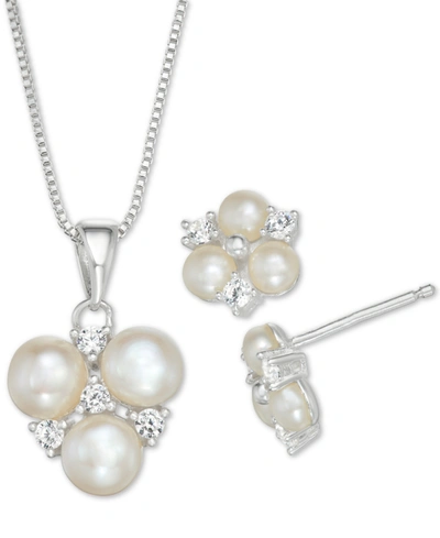 Macy's Cultured Freshwater Pearl And Cubic Zirconia Pendant Necklace And Stud Earrings Set In Sterling Silv In Silver