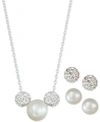 Macy's 3-pc. Set Cultured Freshwater Pearl & Crystal Fireballs Pendant Necklace & 2-pr. Matching Stud Earri In Silver