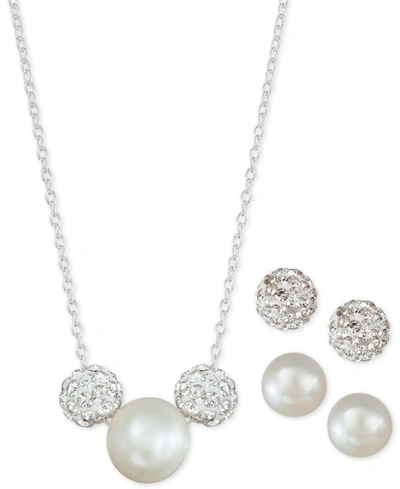 Macy's 3-pc. Set Cultured Freshwater Pearl & Crystal Fireballs Pendant Necklace & 2-pr. Matching Stud Earri In Silver