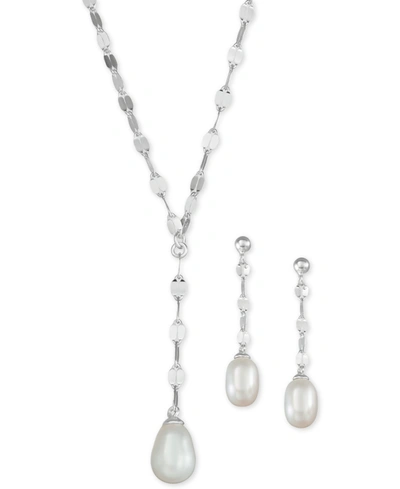 Macy's 2-pc. Set Cultured Freshwater Pearl (7 X 9mm) Lariat Necklace & Drop Earrings In Sterling Silver
