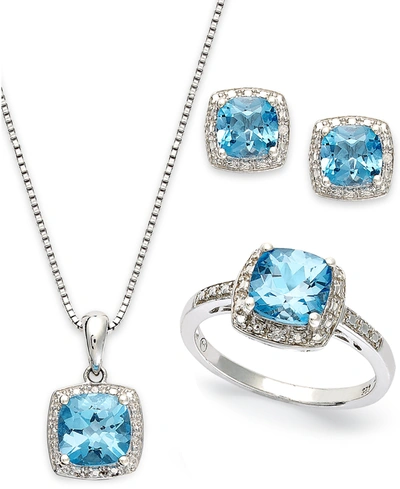 Macy's Sterling Silver Jewelry Set, Blue Topaz (5-7/8 Ct. T.w.) And Diamond Accent Necklace, Earrings And R