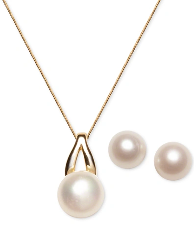 Macy's 2-pc. Set Cultured Freshwater Pearl (9-1/2 & 12-1/2mm) Pendant Necklace & Matching Stud Earrings Set In Gold Over Silver