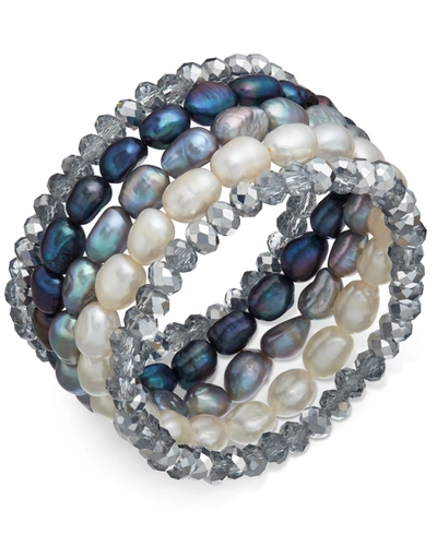 Macy's 5-pc. Set White, Gray & Peacock Cultured Freshwater Baroque Pearl (7mm) And Rondel Crystal Stretch B In Silver