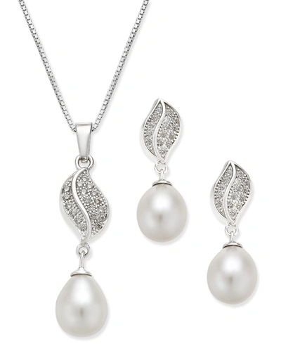 Macy's Cultured Freshwater Pearl (7x9mm) And Cubic Zirconia Pendant Necklace And Matching Drop Earrings Set In Silver