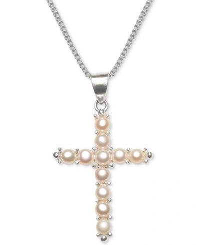 Macy's Cultured Freshwater Pearl (3-1/2mm) Cross 18" Pendant Necklace In Sterling Silver