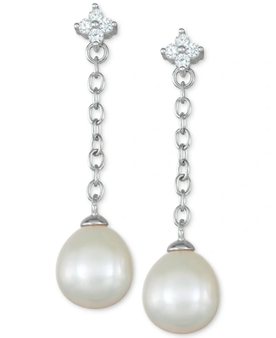 Macy's Cultured Freshwater Pearl (8mm) & Cubic Zirconia Flower Chain Earrings In Sterling Silver