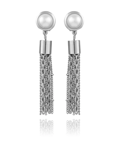 T Tahari Faux Pearl And Chain Drop Clip Earrings In Silver