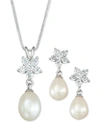 Macy's Cultured Freshwater Pearl (7 X 9mm) & Cubic Zirconia Pendant Necklace & Drop Earrings Set In Sterlin In Silver
