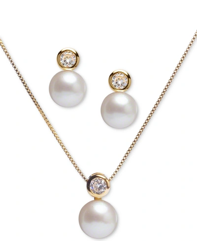 Macy's 2-pc. Set Cultured Freshwater Pearl (8mm) & Cubic Zirconia 18" Pendant Necklace And Stud Earrings Se In Gold Over Silver