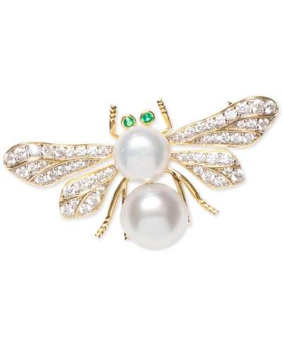 Macy's Cultured Freshwater Pearl (8 & 9mm) & Cubic Zirconia Bee Pin In Sterling Silver & 18k Gold-plate Ove In Gold Over Silver