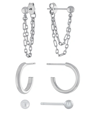 Macy's 3pc Post Ball, Hoop And Chain Earring Set In Gold Or Silver Plated