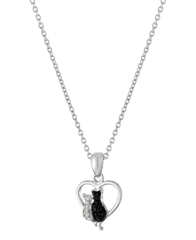 Macy's Crystal Two Cat In Heart Pendant 16+2" Extender Chain In Silver Plated